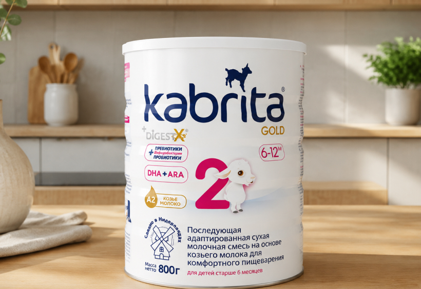 Банка детской молочной смеси Kabrita на кухне