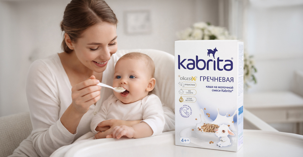 Мама кормит малыша кашей Kabrita с ложки
